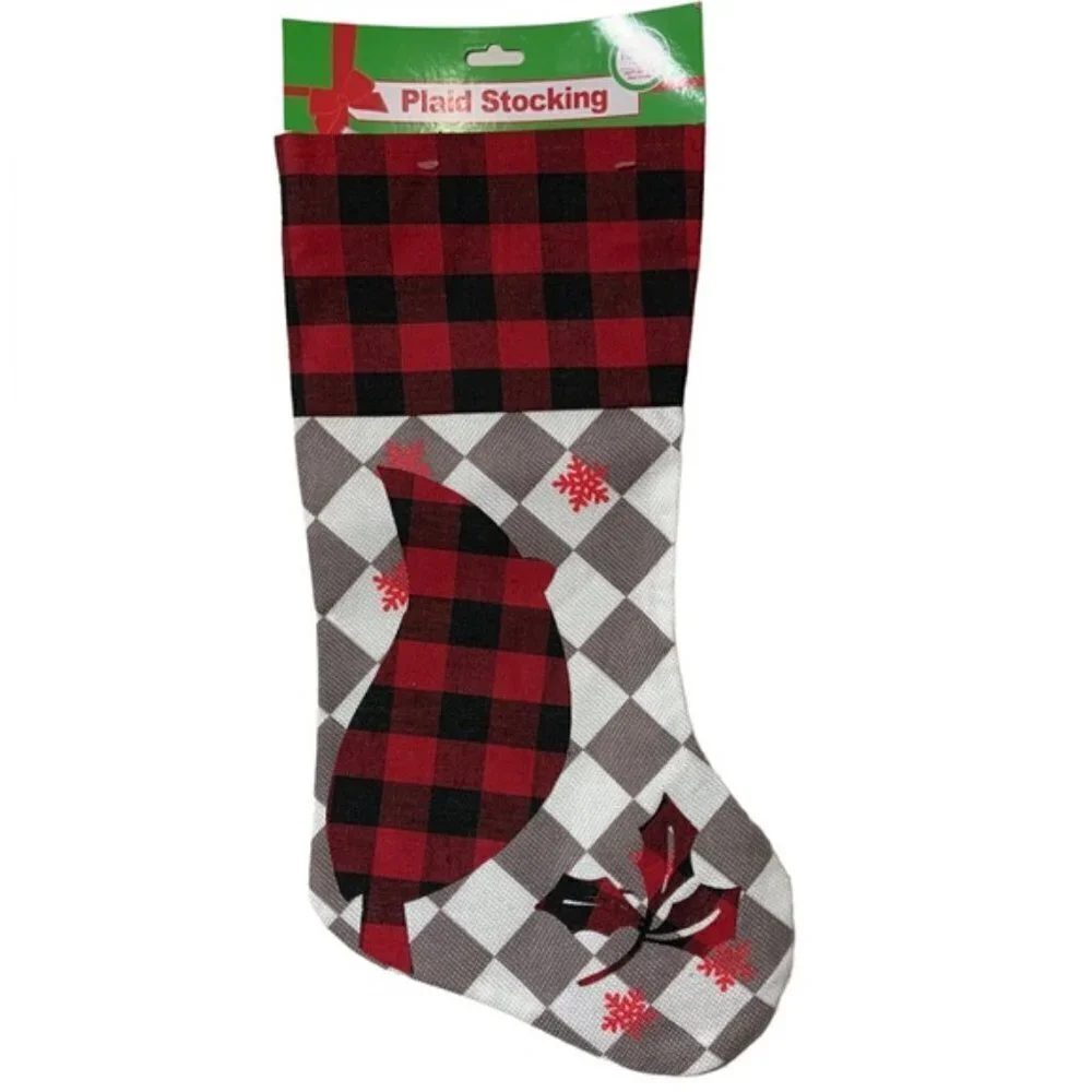 Christmas Stocking Cardinals Buffalo Check Plaid Red Black 17 inch 2 Piece